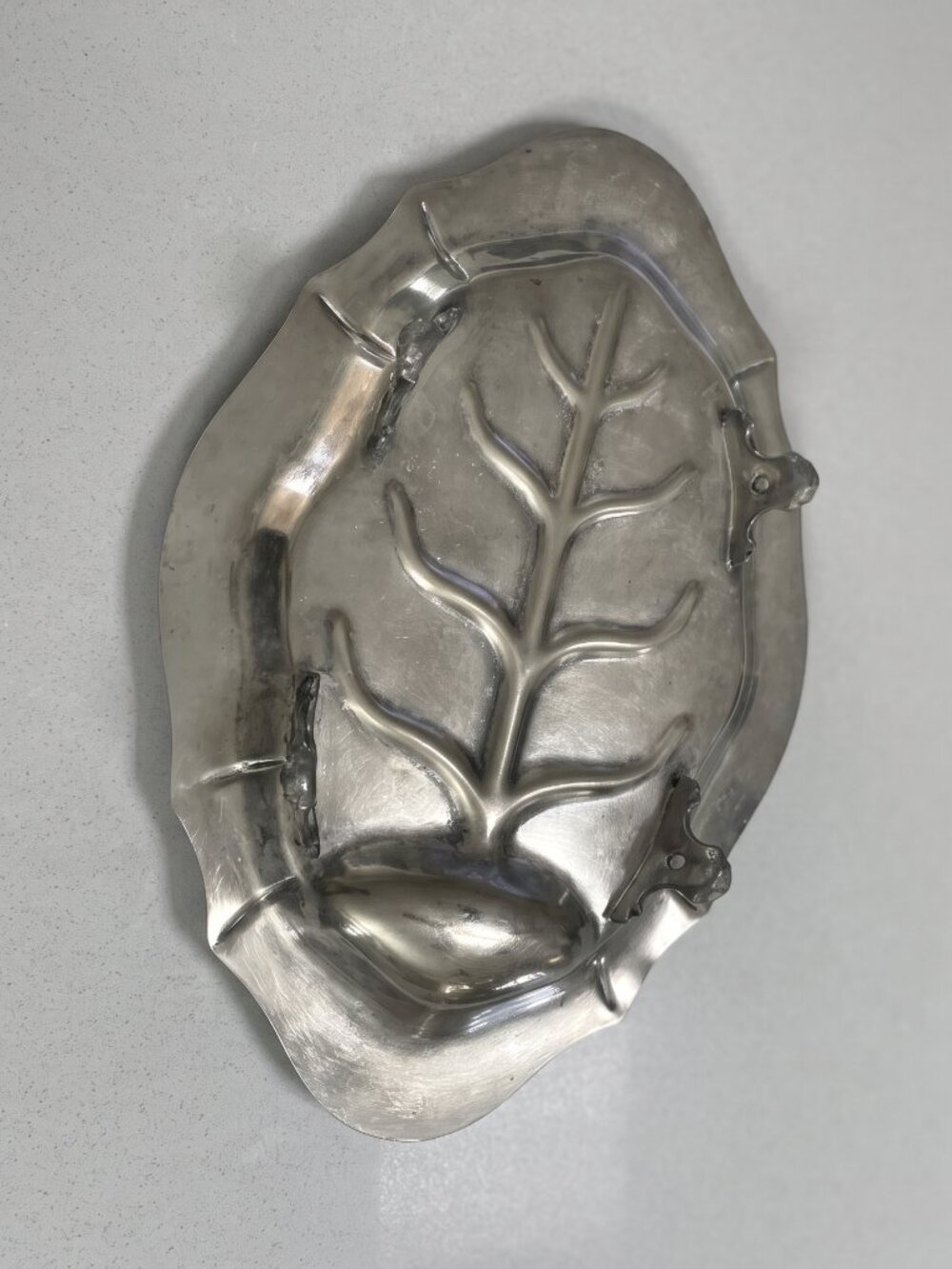 Vintage Silver on Copper Footed Turkey Platter Leaf Tree Well Serving Tray 18.25